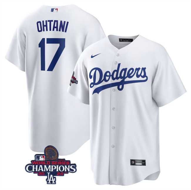 Men's Los Angeles Dodgers #17 Shohei Ohtani White 2024 World Series Champions Cool Base Stitched Baseball Jersey,We sell and wholesale Men's Los Angeles Dodgers #17 Shohei Ohtani White 2024 World Series Champions Cool Base Stitched Baseball Jersey on line form chian!